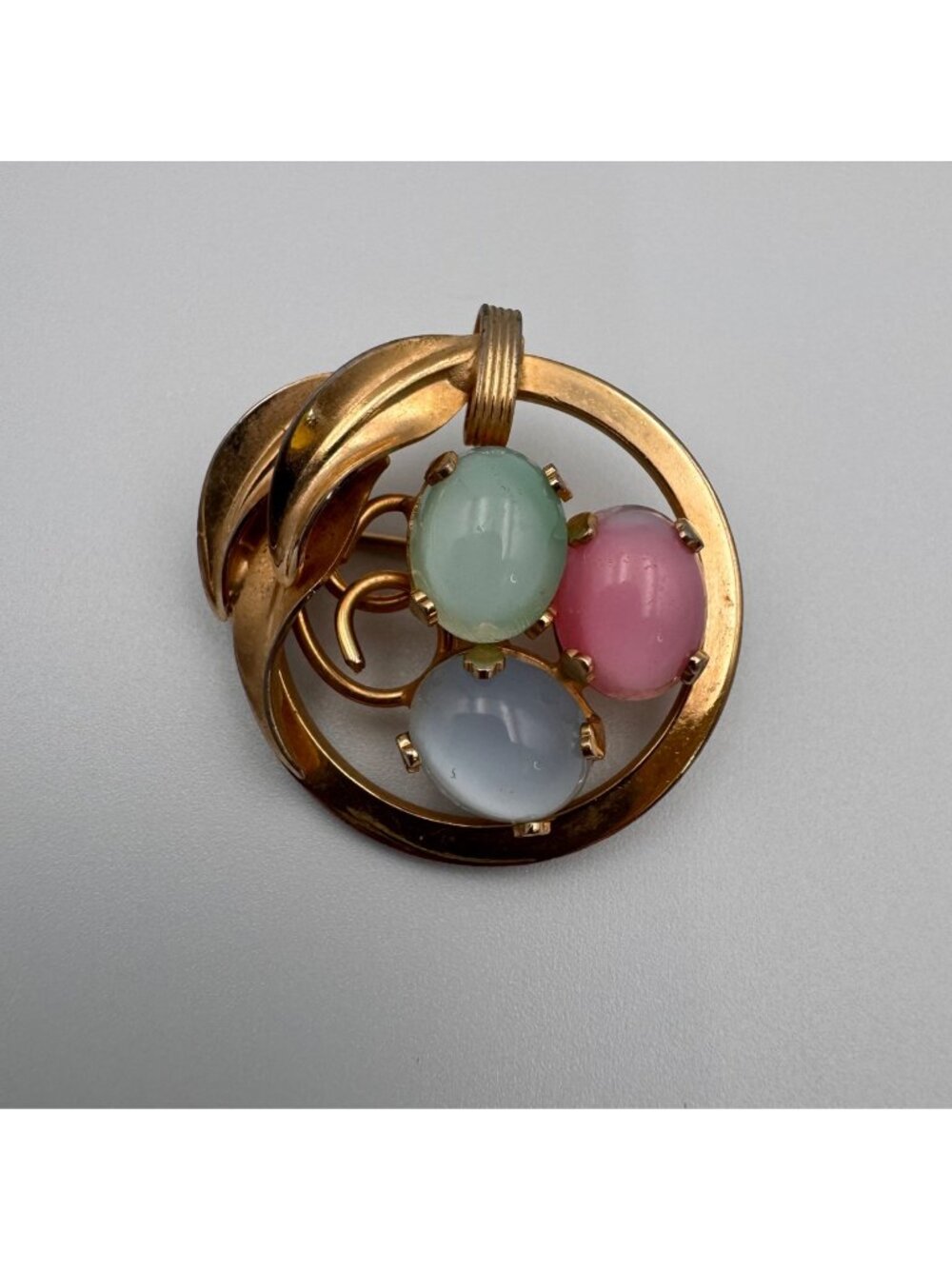 Vintage 1950s Pastel Cabochon Brooch Pink Blue Green Gold Tone Modernist